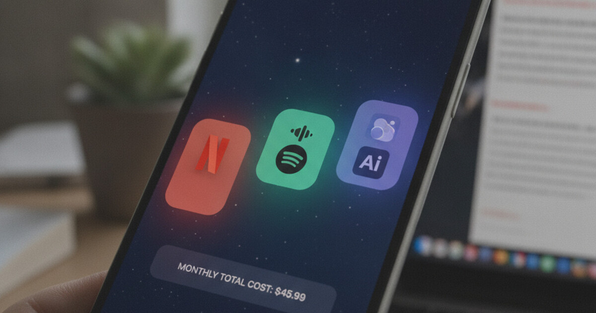 Bobby subscription tracker app interface on iPhone with colorful subscription cards on a dark navy background
