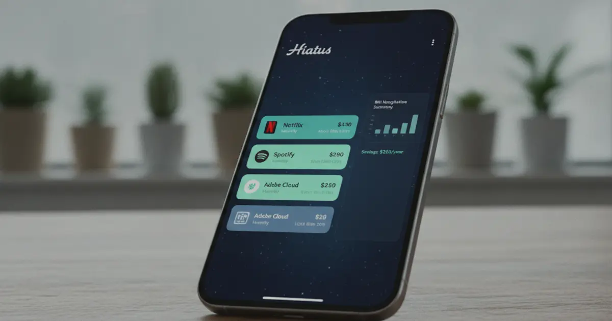 Hiatus app dashboard on a smartphone showing subscription list and bill negotiation summary on a dark navy background with teal accents