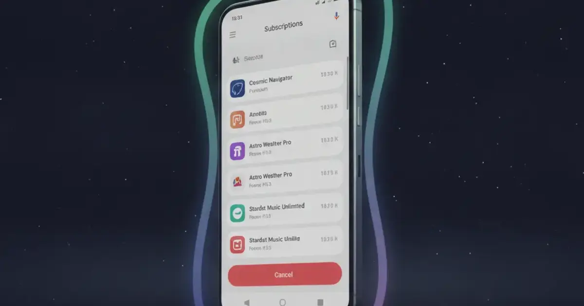 Android phone showing Google Play subscriptions management screen with active subscriptions listed