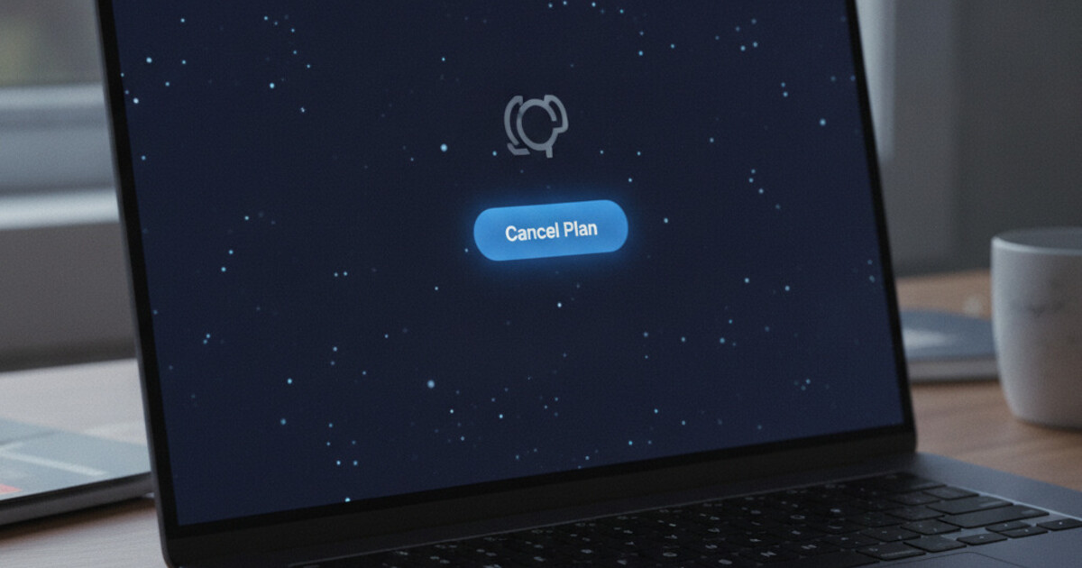 A dark laptop screen showing an OpenAI ChatGPT billing page with a cancel subscription button highlighted