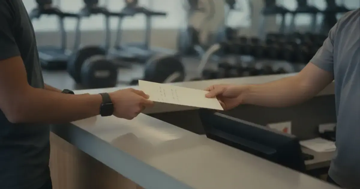 Person at a gym reception desk handing a written cancellation request to staff, gym equipment visible in background