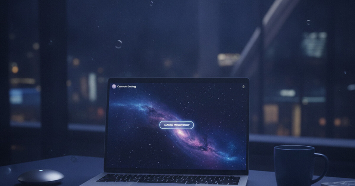 A laptop on a dark desk showing an anime streaming website with a cancel subscription screen open