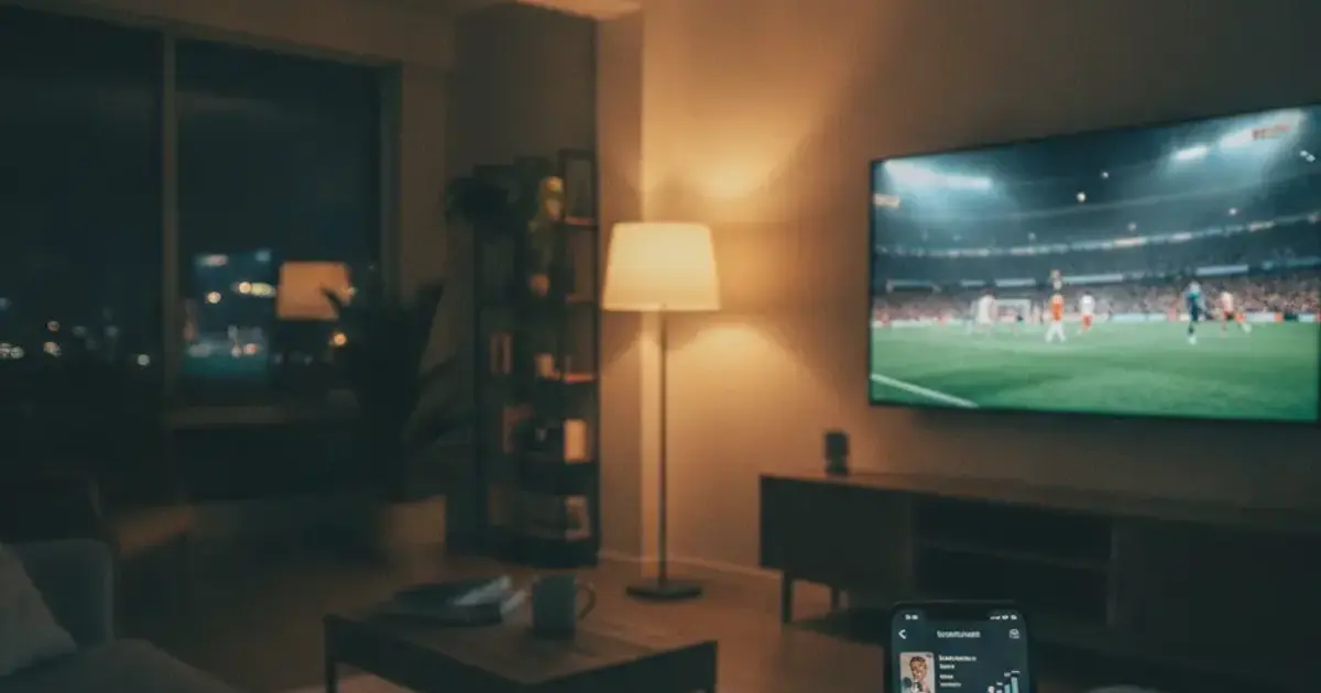 A living room with a large TV showing a live sports broadcast while someone holds a phone with a subscription tracker app open