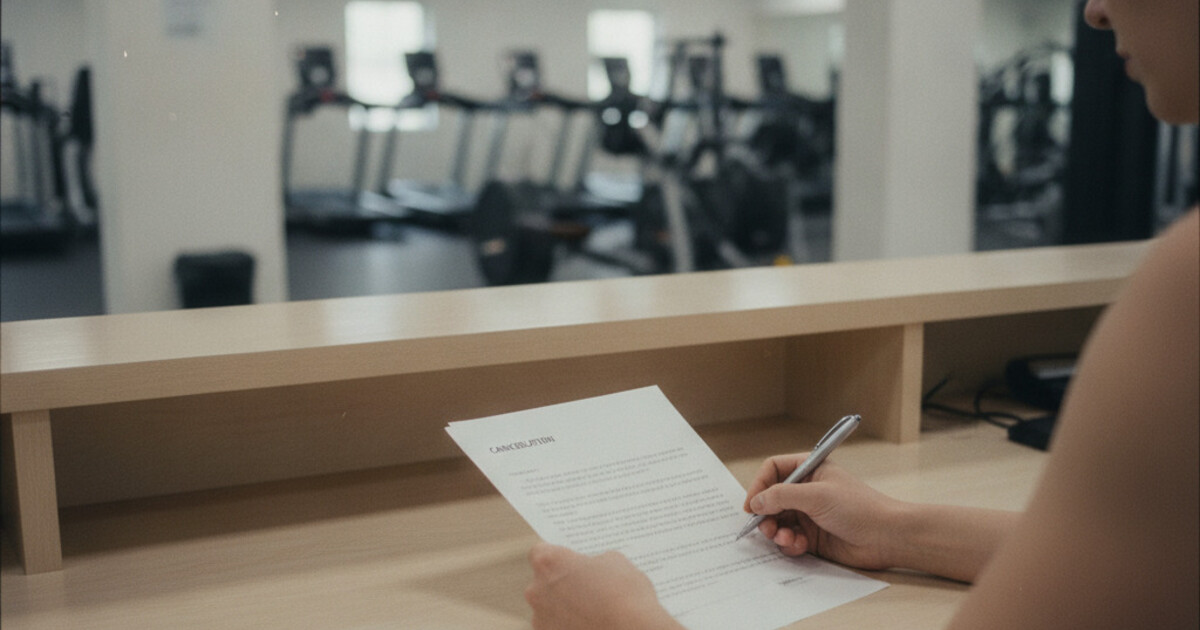 Person signing a gym cancellation letter at a fitness club reception desk