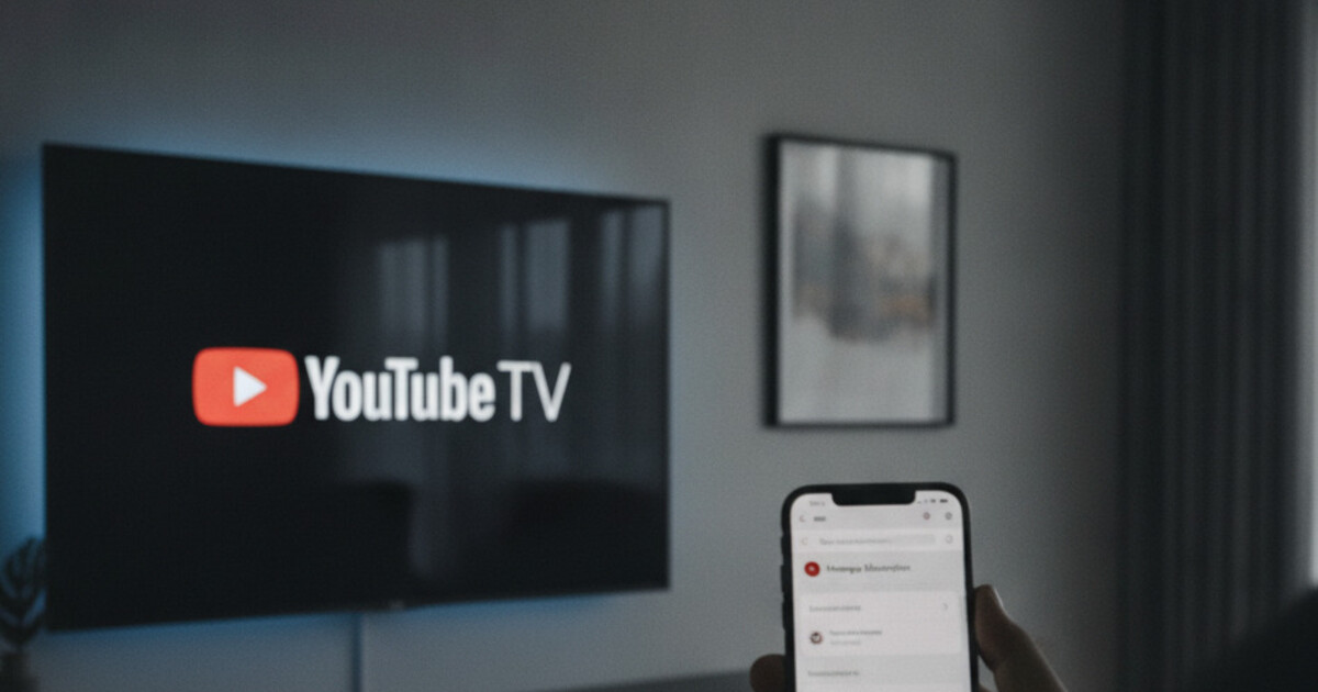 YouTube TV interface on a smart TV with a phone browser open to the YouTube TV membership settings page