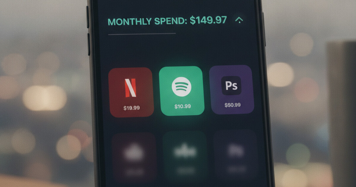 Smartphone displaying a subscription tracker app dashboard with multiple subscription cards and a monthly spending total