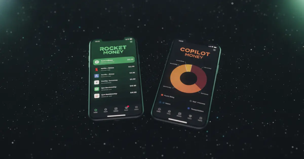 Rocket Money and Copilot Money apps compared on two smartphones against a dark background with subscription finance dashboard views