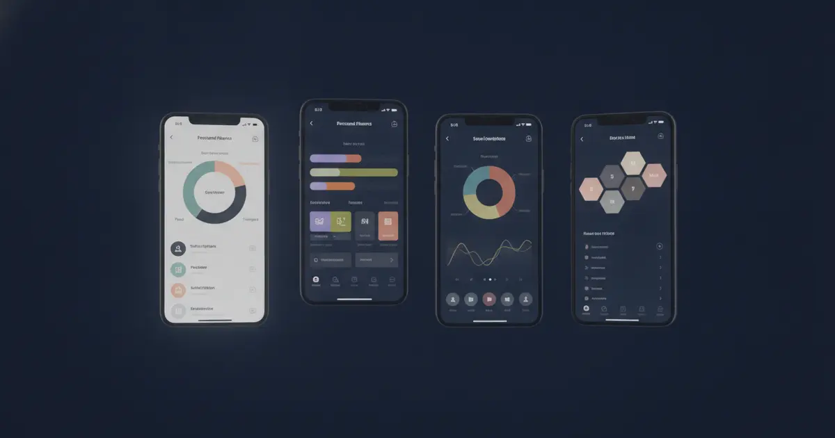 Four personal finance apps compared side by side: Rocket Money, Monarch Money, Empower, and PocketGuard on smartphone screens