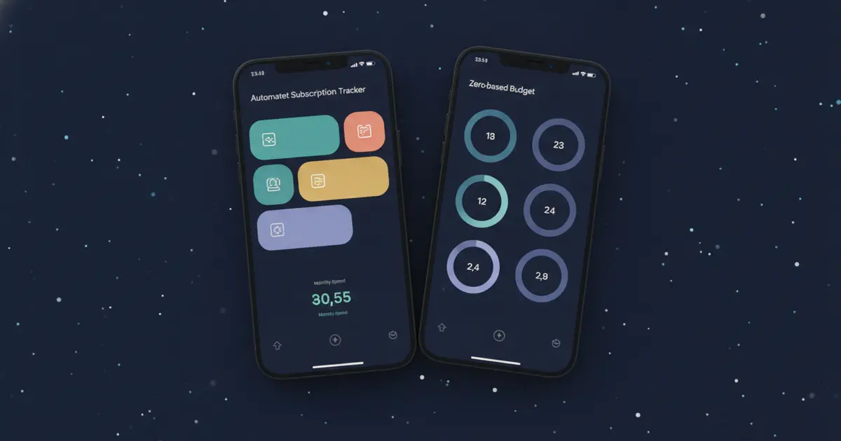 Rocket Money and YNAB apps compared side by side on a smartphone screen against a dark background