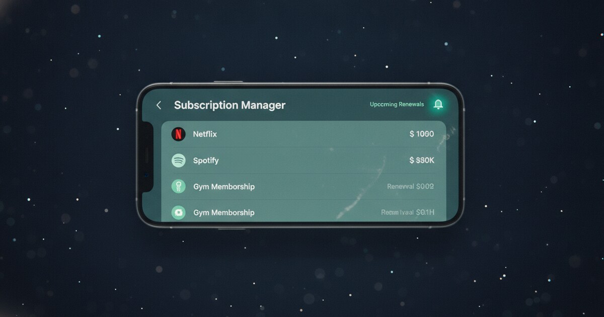 Smartphone showing a subscription management dashboard with cancellation options on a dark navy background representing defunct bill negotiation apps